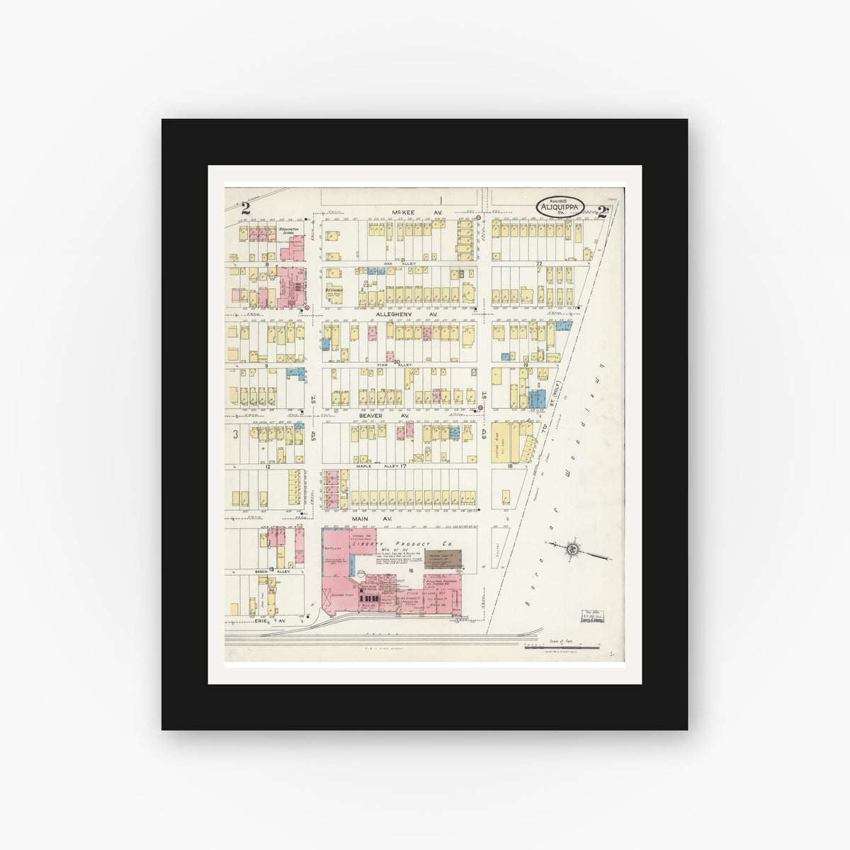 Old map wall art mockup — black gallery frame with white mat — Sanborn Fire Insurance Map from Aliquippa, Beaver County, Pennsylvania (1925), Sheet #0002