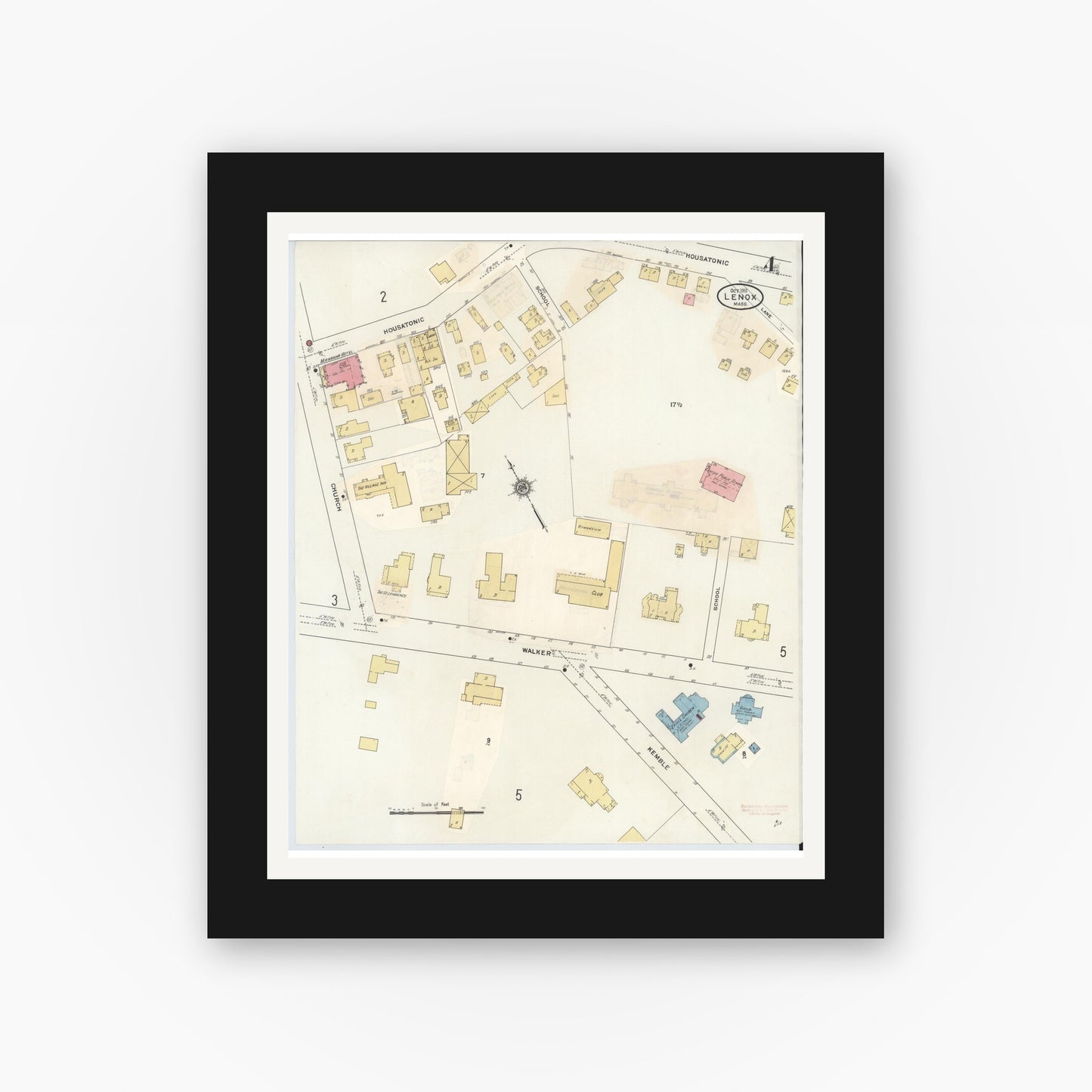 Old map wall art mockup — black gallery frame with white mat — Sanborn Fire Insurance Map from Lenox, Berkshire County, Massachusetts (1939), Sheet #0004