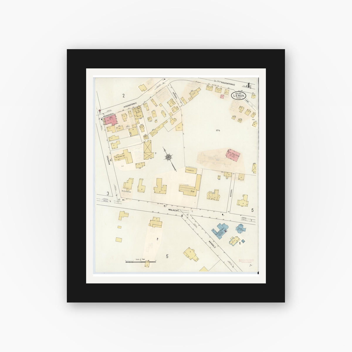 Old map wall art mockup — black gallery frame with white mat — Sanborn Fire Insurance Map from Lenox, Berkshire County, Massachusetts (1939), Sheet #0004