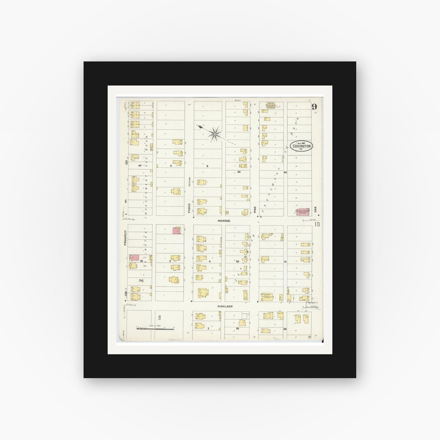 Old map wall art mockup — black gallery frame with white mat — Sanborn Fire Insurance Map from Covington, Independent Cities, Virginia (1907), Sheet #0009