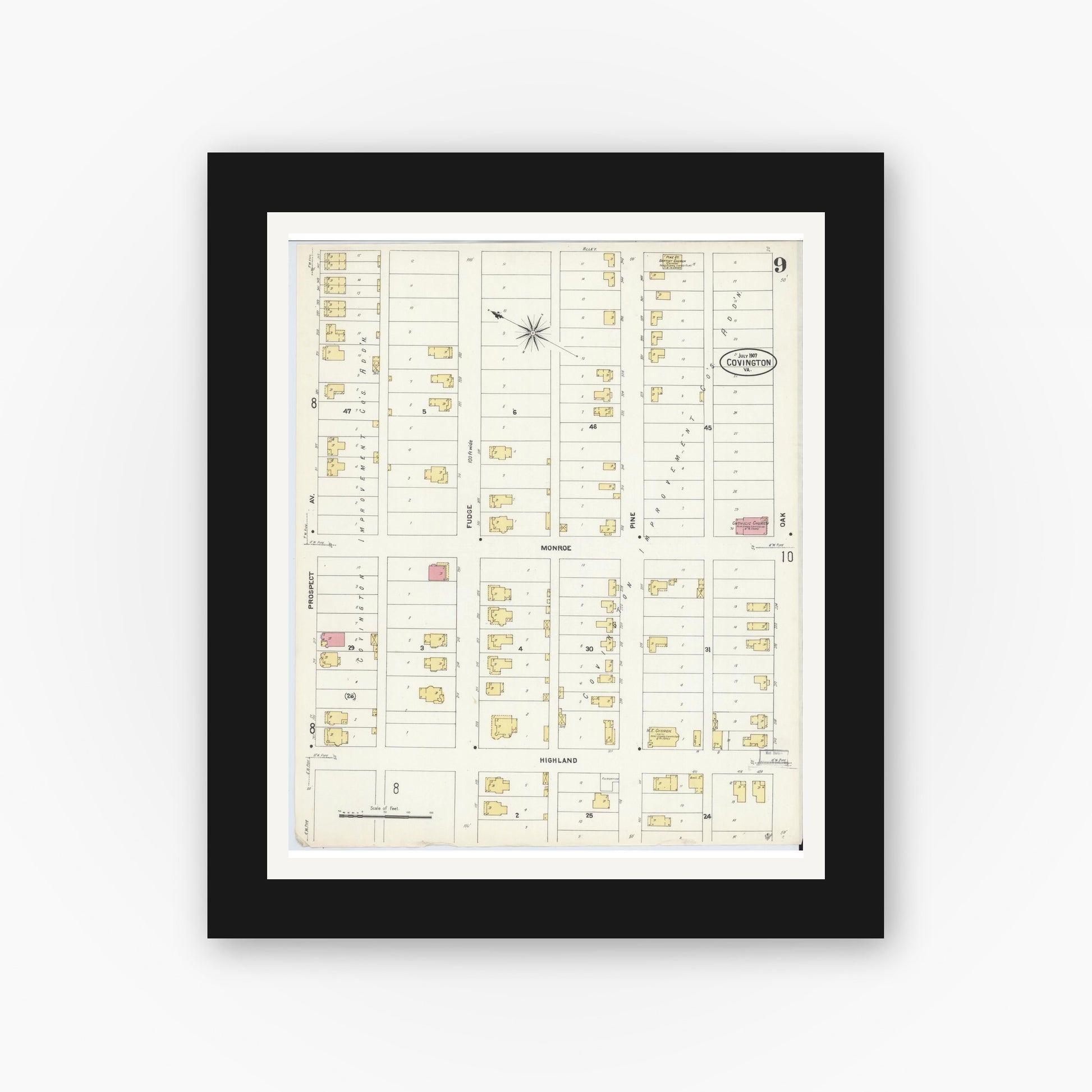 Old map wall art mockup — black gallery frame with white mat — Sanborn Fire Insurance Map from Covington, Independent Cities, Virginia (1907), Sheet #0009
