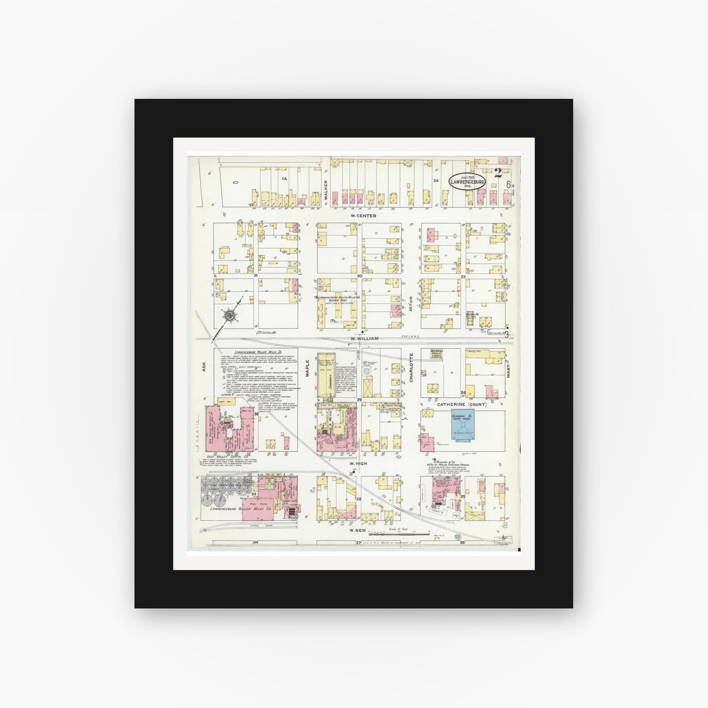 Old map wall art mockup — black gallery frame with white mat — Sanborn Fire Insurance Map from Lawrenceburg, Dearborn County, Indiana (1910), Sheet #0002