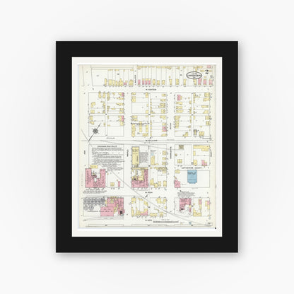 Old map wall art mockup — black gallery frame with white mat — Sanborn Fire Insurance Map from Lawrenceburg, Dearborn County, Indiana (1910), Sheet #0002