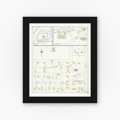 Old map wall art mockup — black gallery frame with white mat — Sanborn Fire Insurance Map from Cedarville, Greene County, Ohio (1910), Sheet #0002