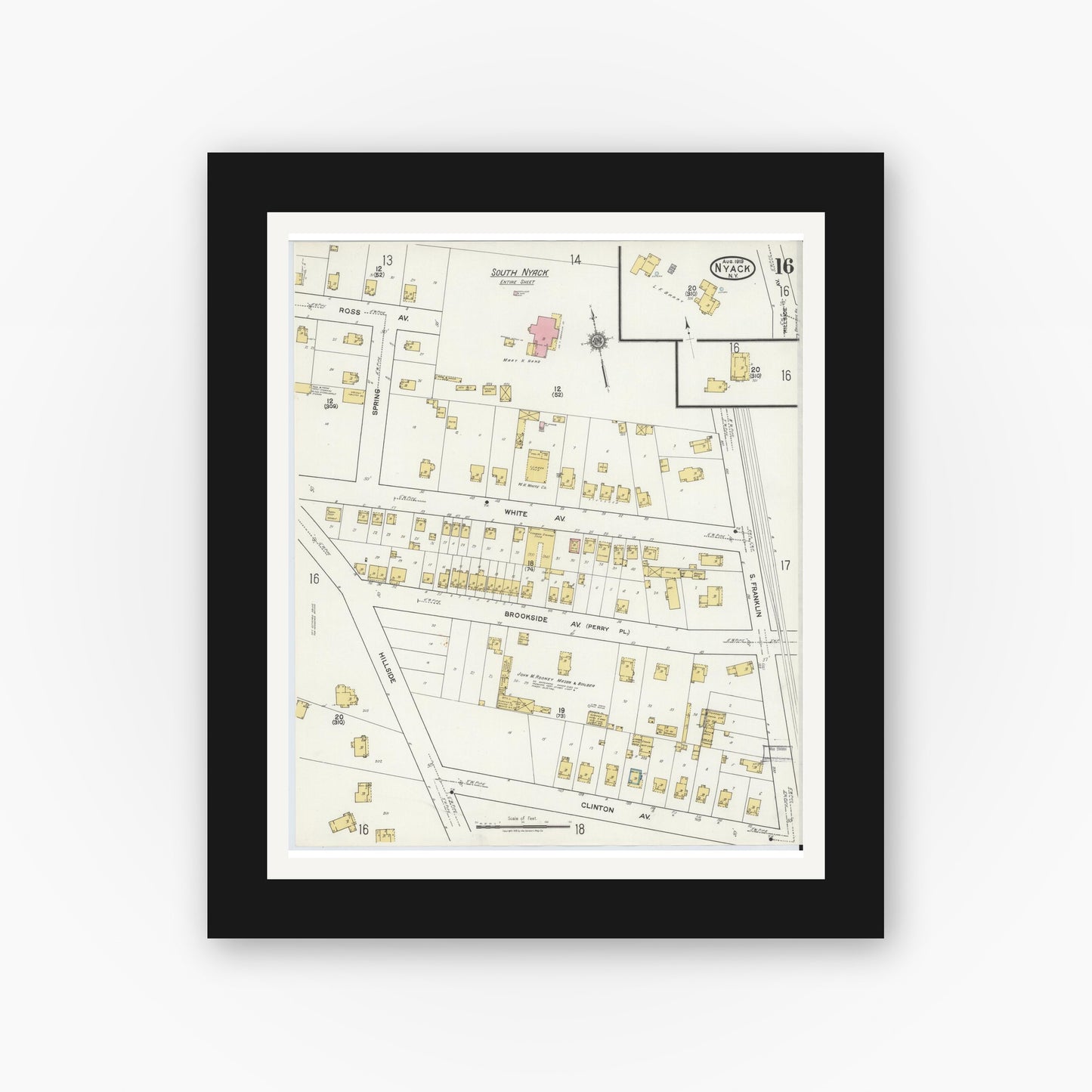 Old map wall art mockup — black gallery frame with white mat — Sanborn Fire Insurance Map from Nyack, Rockland County, New York. (1919), Sheet #0016