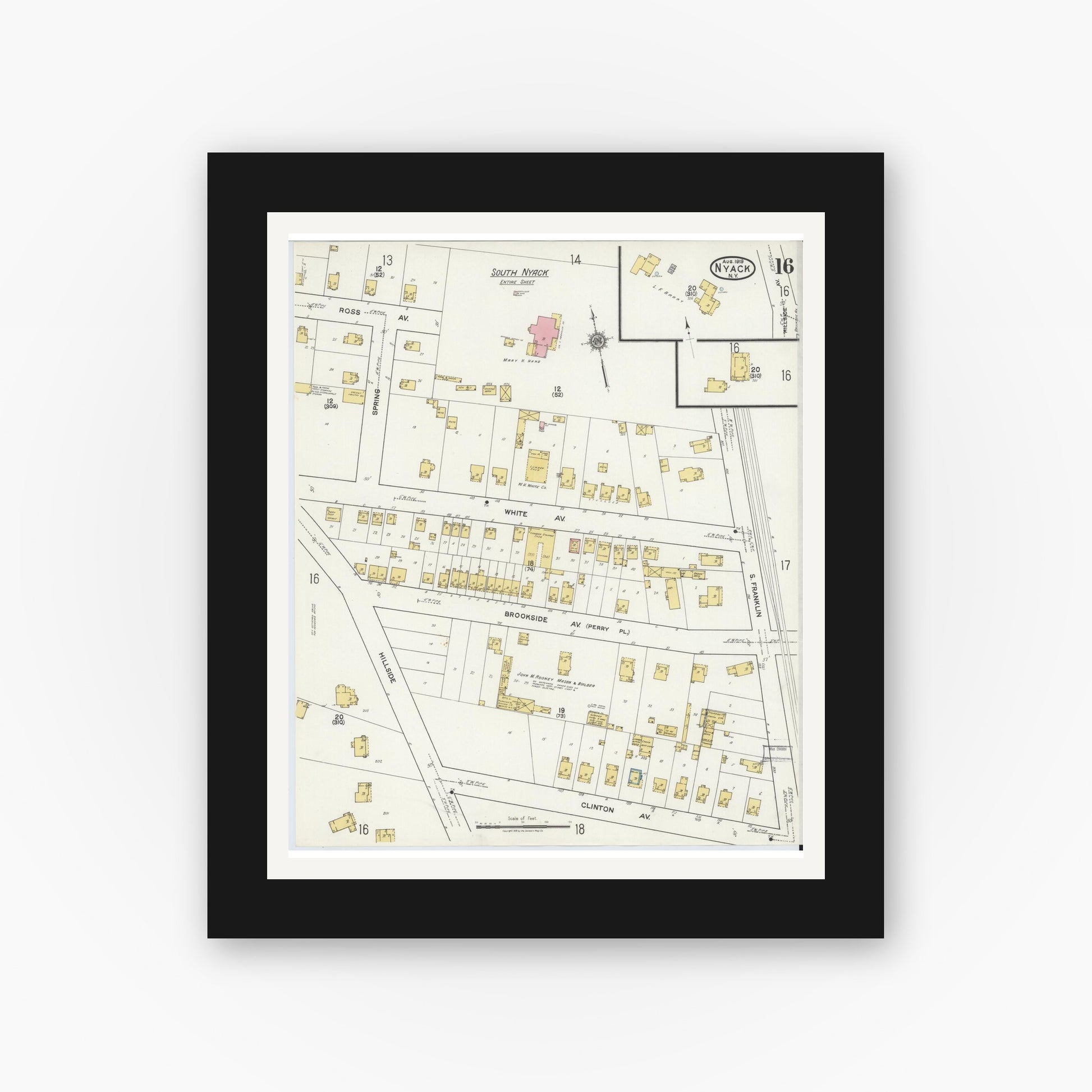 Old map wall art mockup — black gallery frame with white mat — Sanborn Fire Insurance Map from Nyack, Rockland County, New York. (1919), Sheet #0016