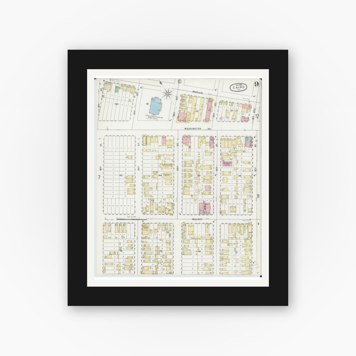 Old map wall art mockup — black gallery frame with white mat — Sanborn Fire Insurance Map from Cairo, Alexander County, Illinois (1896), Sheet #0009