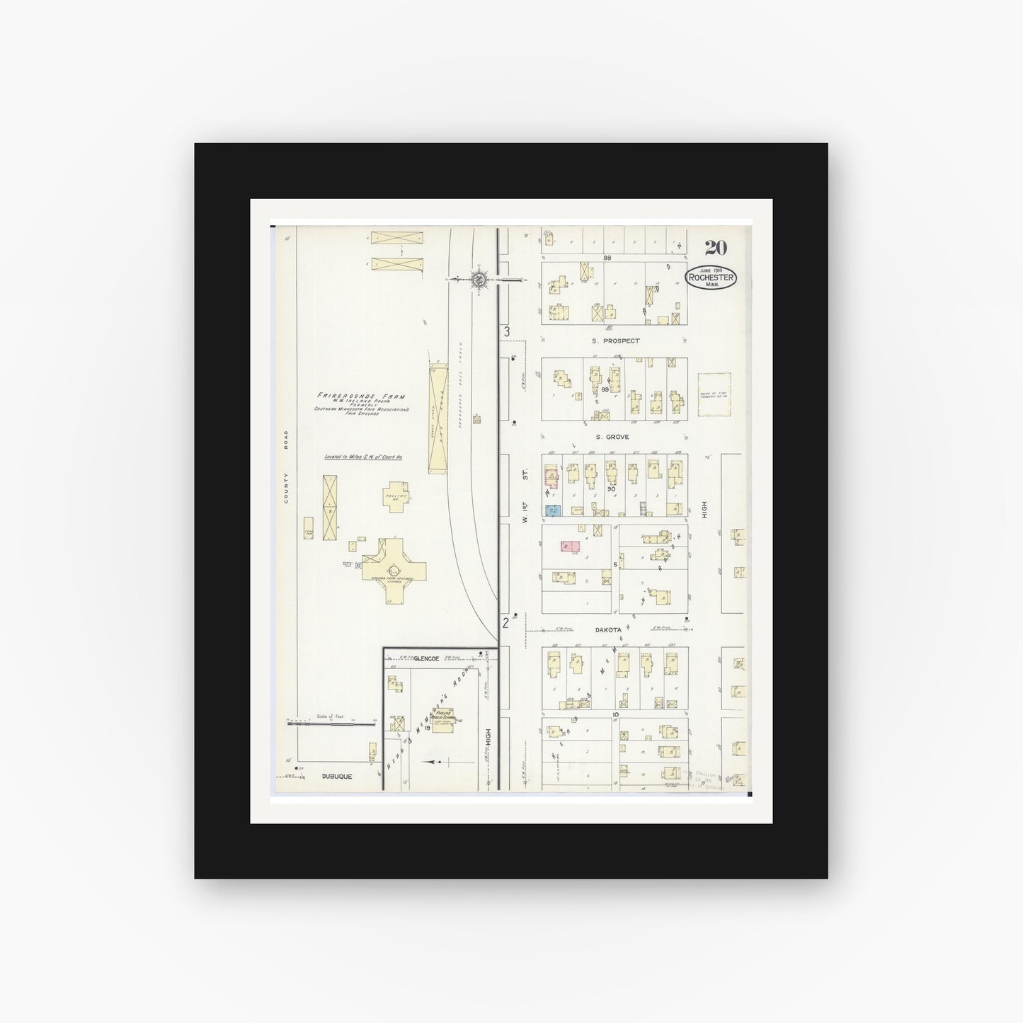 Old map wall art mockup — black gallery frame with white mat — Sanborn Fire Insurance Map from Rochester, Olmsted County, Minnesota (1914), Sheet #0020