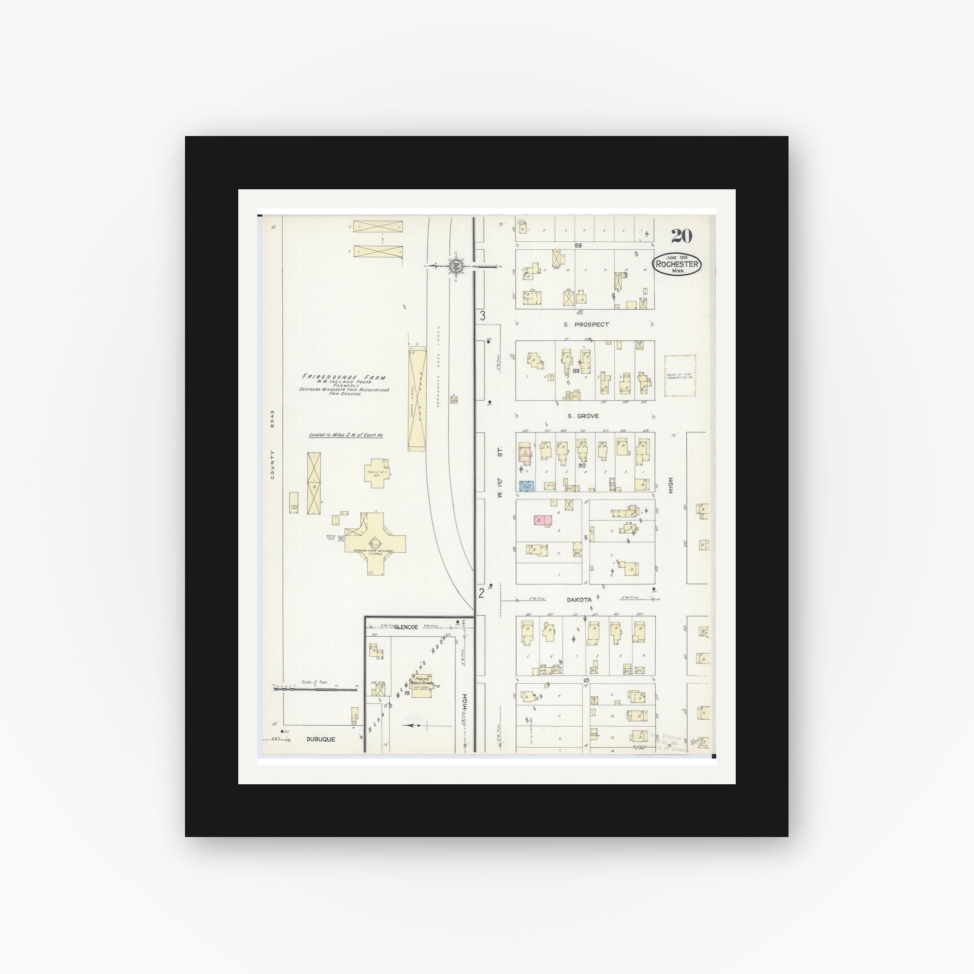 Old map wall art mockup — black gallery frame with white mat — Sanborn Fire Insurance Map from Rochester, Olmsted County, Minnesota (1914), Sheet #0020
