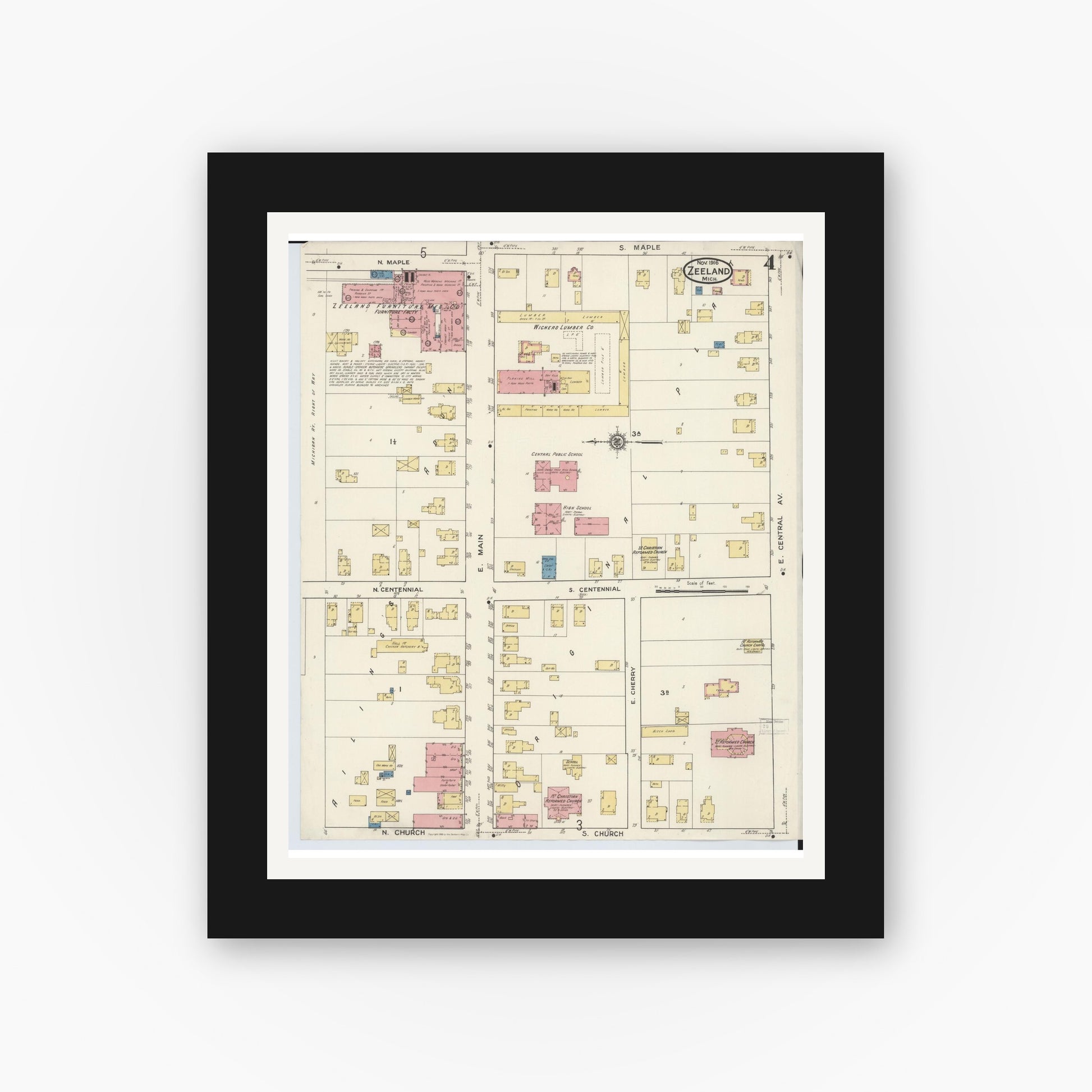 Old map wall art mockup — black gallery frame with white mat — Sanborn Fire Insurance Map from Zeeland, Ottawa County, Michigan (1916), Sheet #0004