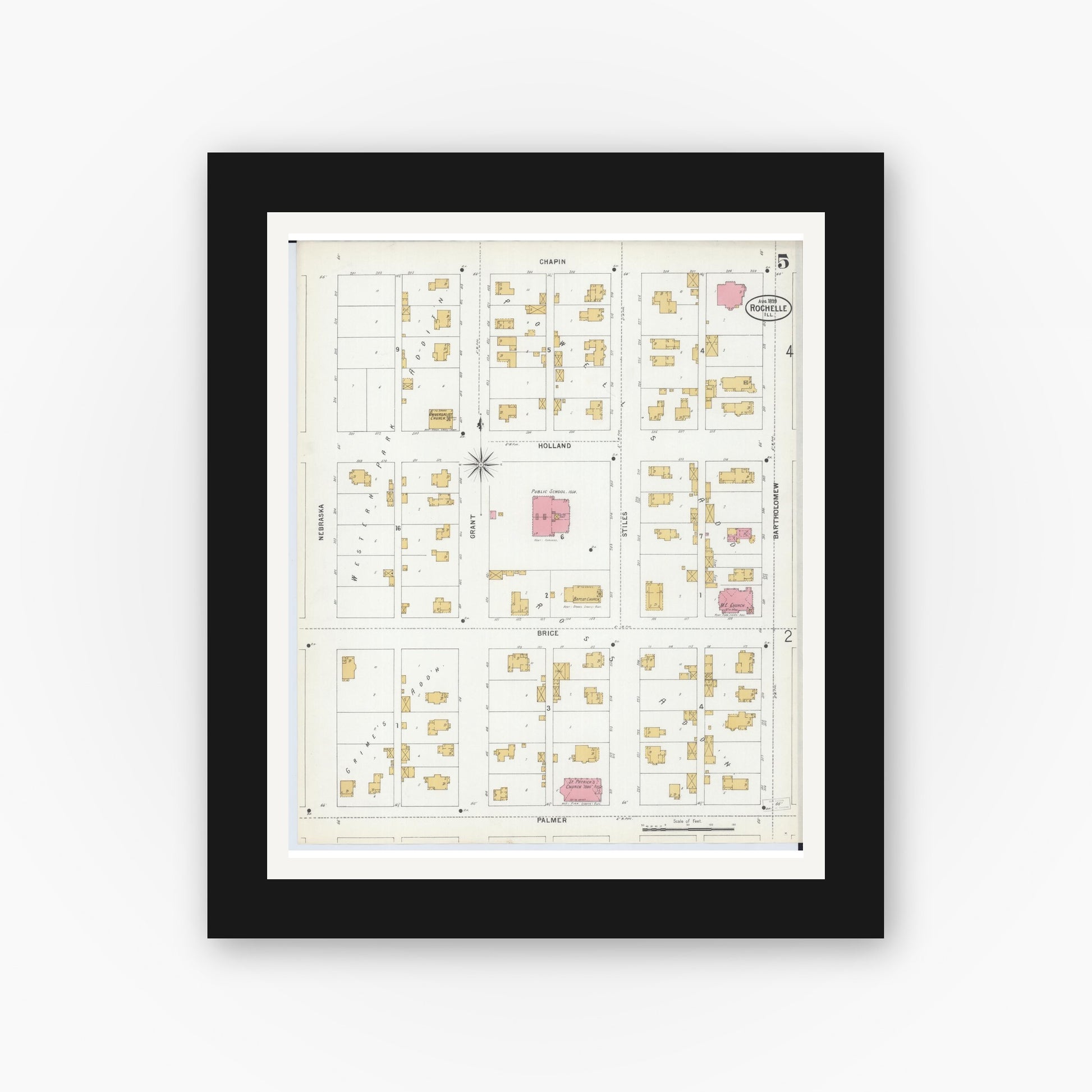 Old map wall art mockup — black gallery frame with white mat — Sanborn Fire Insurance Map from Rochelle, Ogle County, Illinois (1899), Sheet #0005