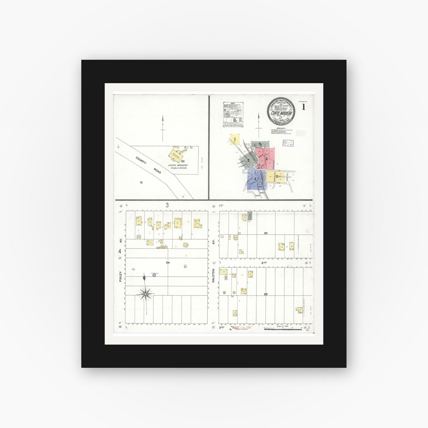 Old map wall art mockup — black gallery frame with white mat — Sanborn Fire Insurance Map from Corte Madera, Marin County, California (1909) - Complete Map Set