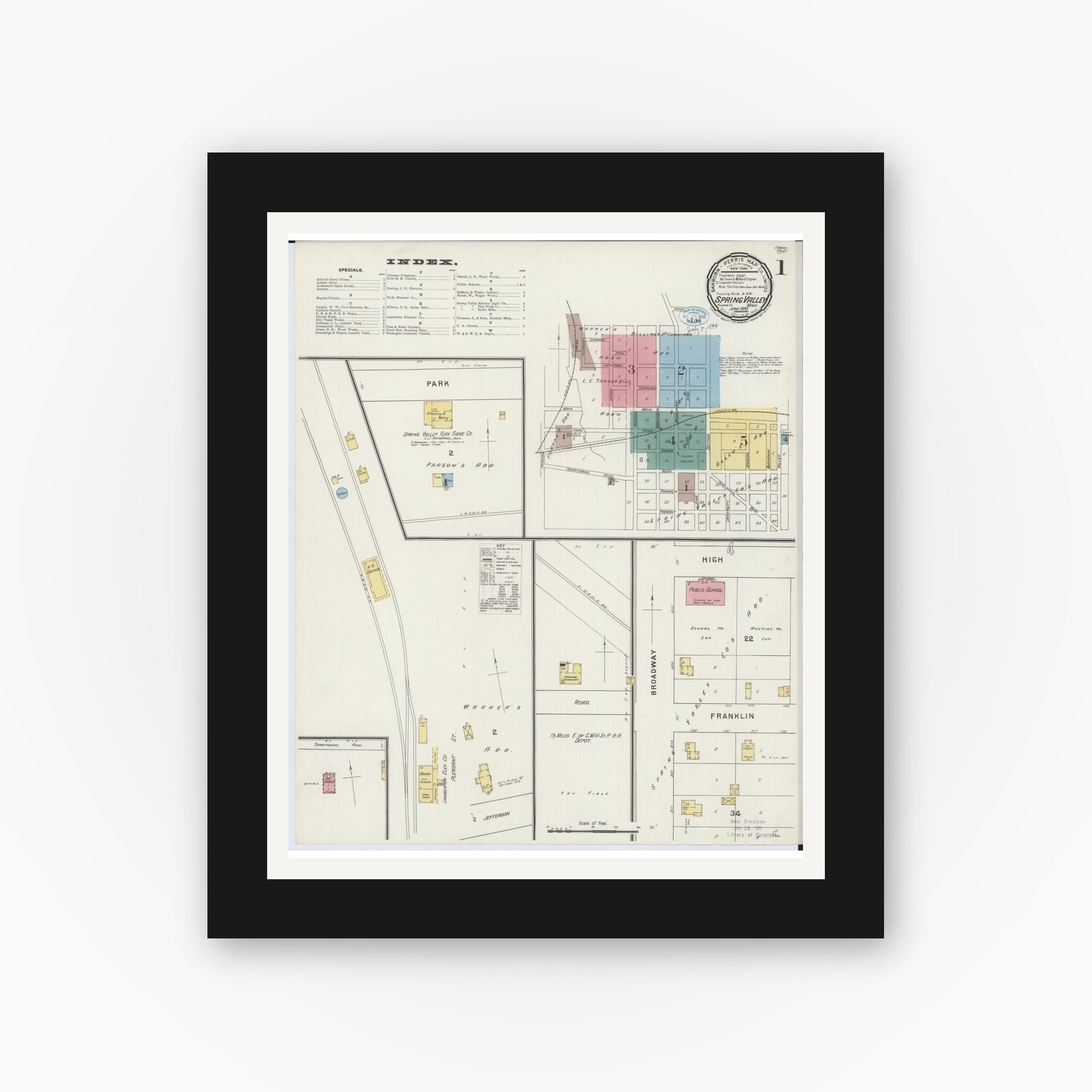 Old map wall art mockup — black gallery frame with white mat — Sanborn Fire Insurance Map from Spring Valley, Fillmore County, Minnesota (1894) - Complete Map Set