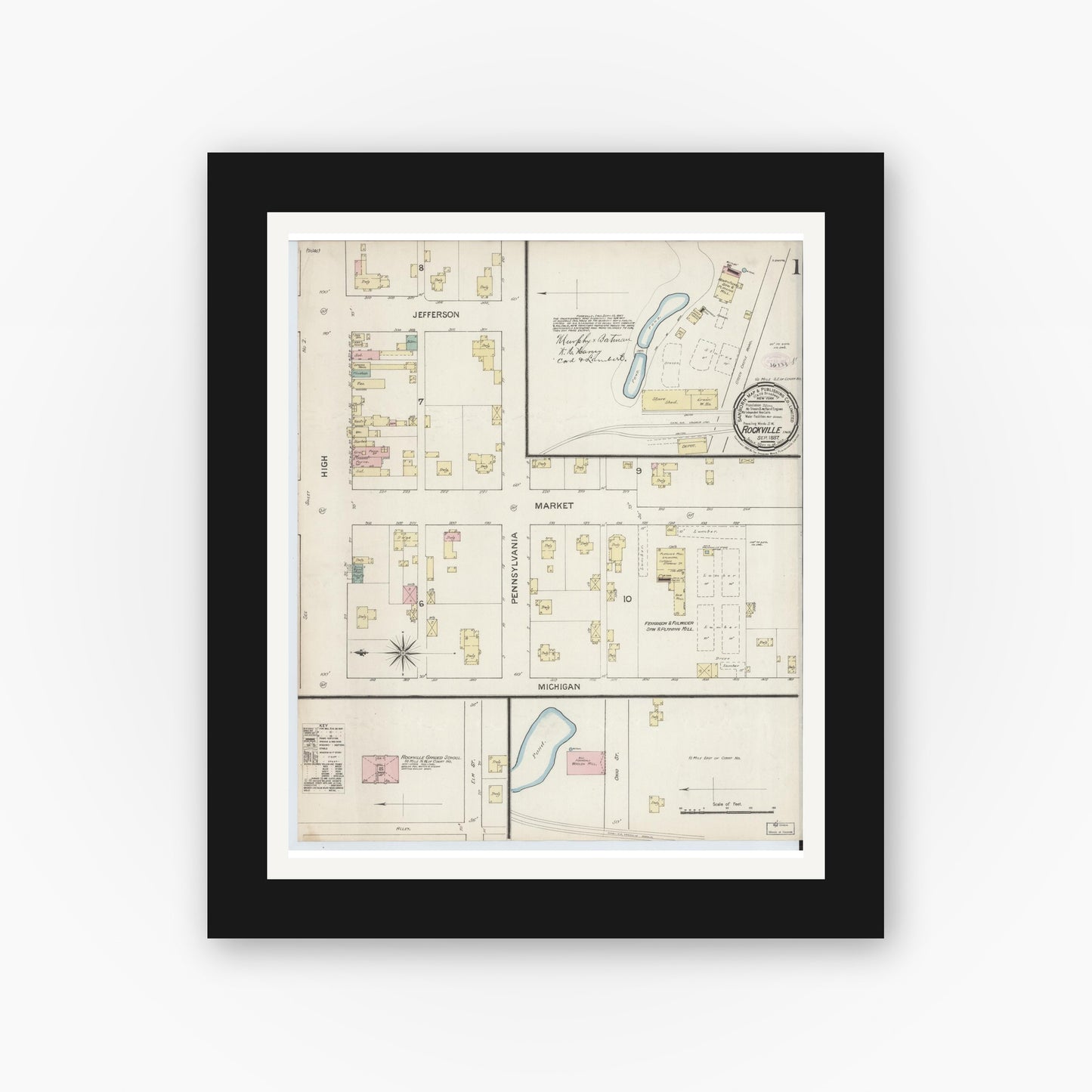 Old map wall art mockup — black gallery frame with white mat — Sanborn Fire Insurance Map from Rockville, Parke County, Indiana (1887) - Complete Map Set