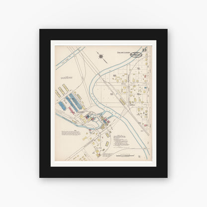 Old map wall art mockup — black gallery frame with white mat — Sanborn Fire Insurance Map from New Braunfels, Comal County, Texas (1922), Sheet #0013