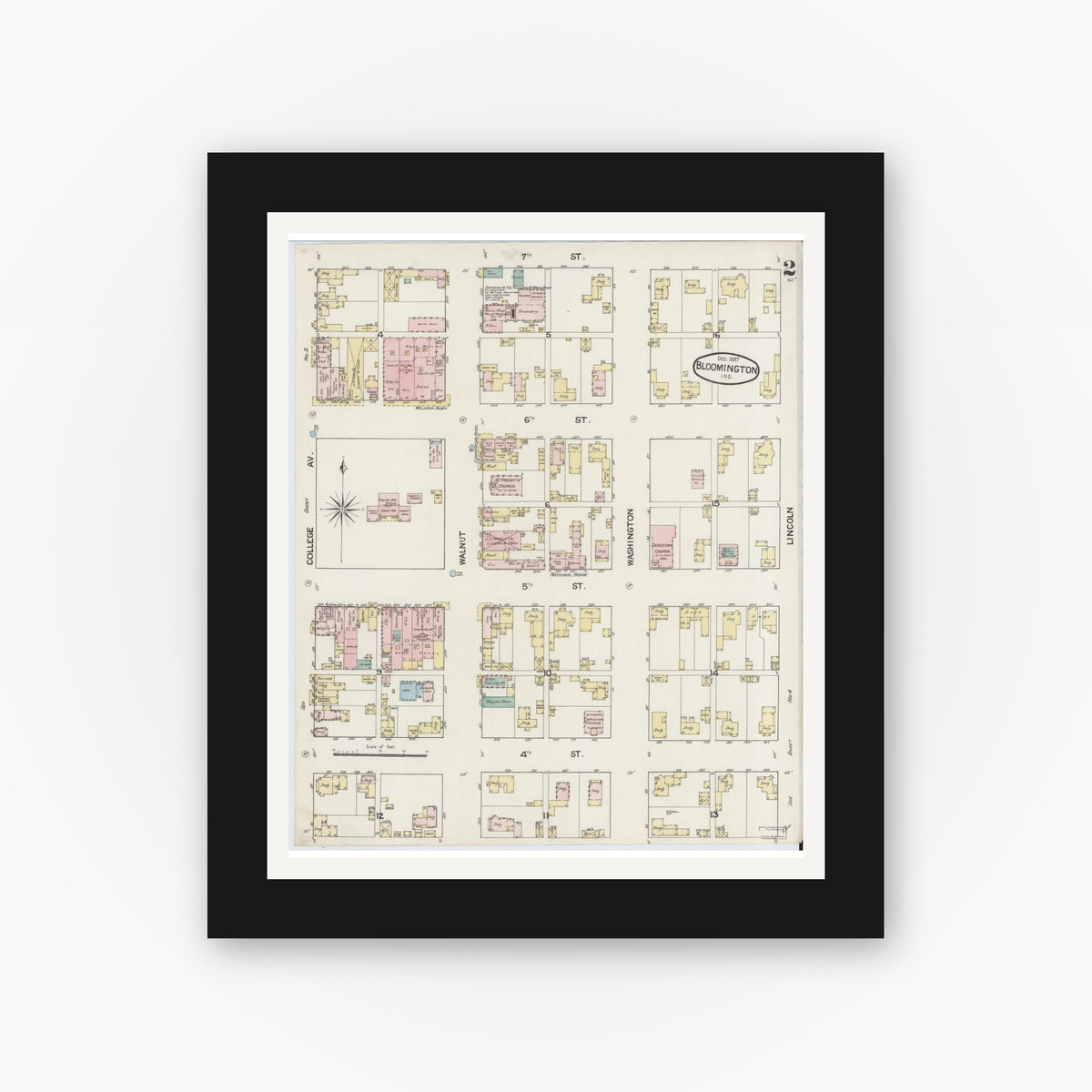 Old map wall art mockup — black gallery frame with white mat — Sanborn Fire Insurance Map from Bloomington, Monroe County, Indiana (1887), Sheet #0002