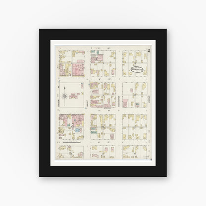 Old map wall art mockup — black gallery frame with white mat — Sanborn Fire Insurance Map from Bloomington, Monroe County, Indiana (1887), Sheet #0002