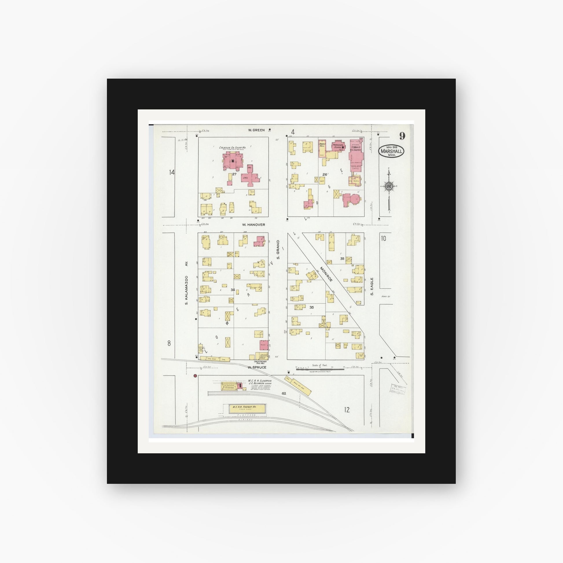 Old map wall art mockup — black gallery frame with white mat — Sanborn Fire Insurance Map from Marshall, Calhoun County, Michigan (1916), Sheet #0009
