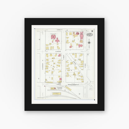 Old map wall art mockup — black gallery frame with white mat — Sanborn Fire Insurance Map from Marshall, Calhoun County, Michigan (1916), Sheet #0009