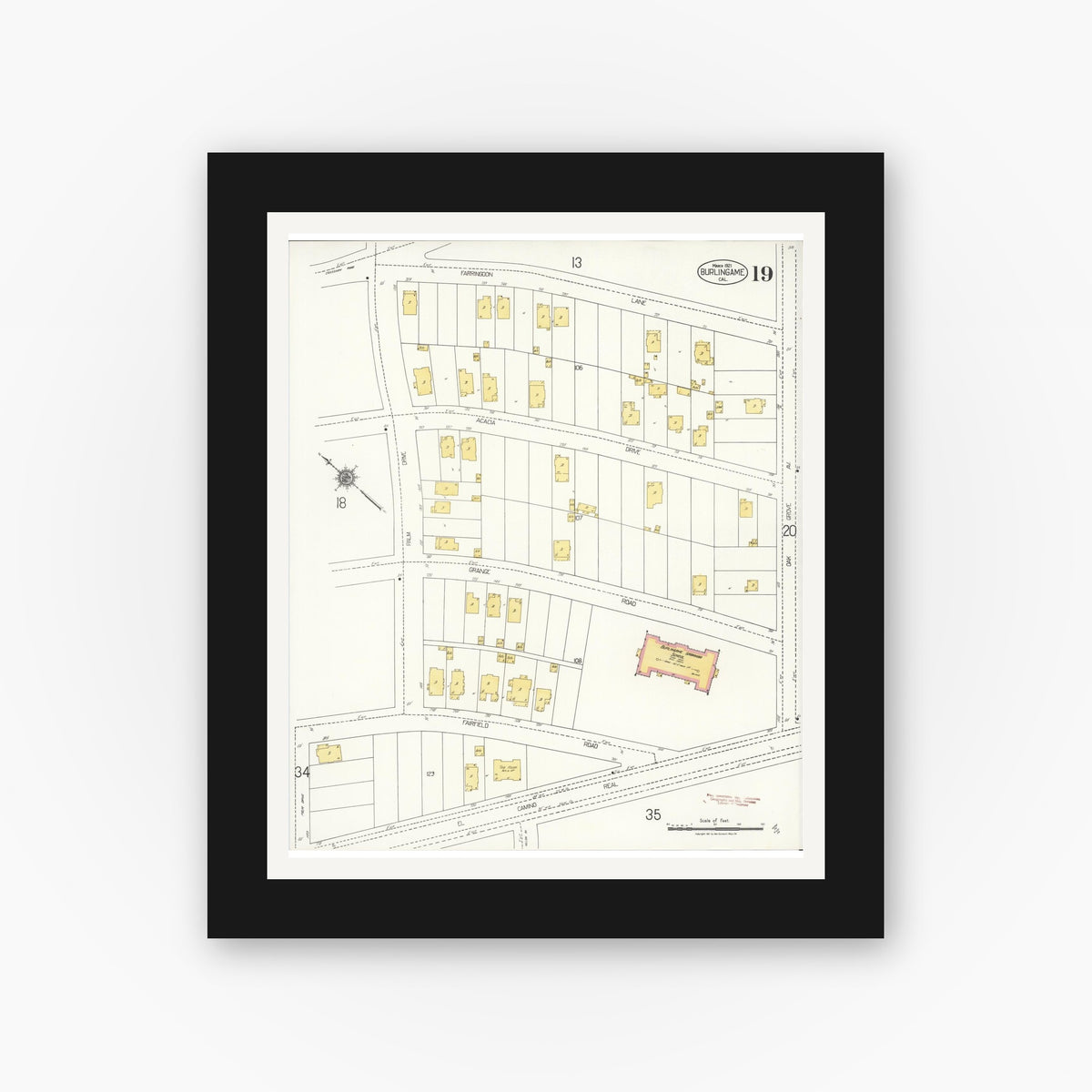 Old map wall art mockup — black gallery frame with white mat — Sanborn Fire Insurance Map from Burlingame, San Mateo County, California (1921), Sheet #0019