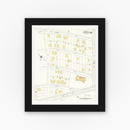Old map wall art mockup — black gallery frame with white mat — Sanborn Fire Insurance Map from Burlingame, San Mateo County, California (1921), Sheet #0019