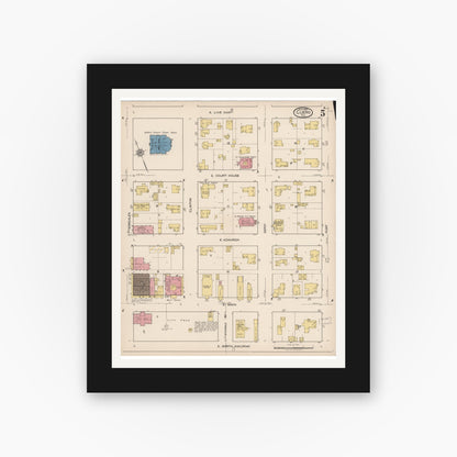 Old map wall art mockup — black gallery frame with white mat — Sanborn Fire Insurance Map from Cuero, De Witt County, Texas (1922), Sheet #0005