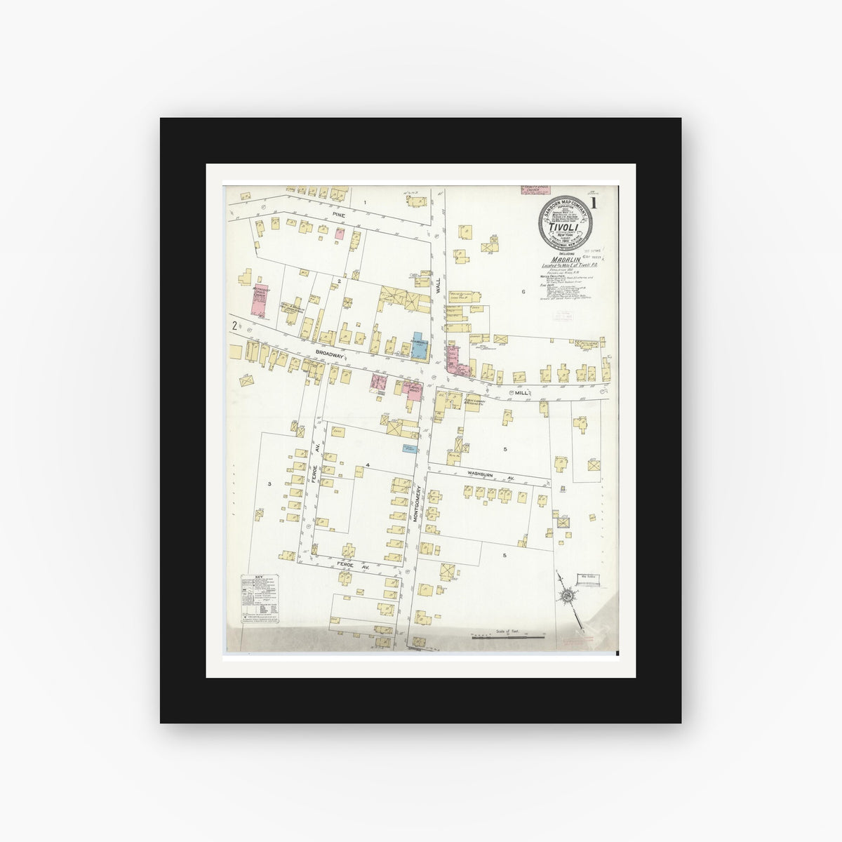 Old map wall art mockup — black gallery frame with white mat — Sanborn Fire Insurance Map from Tivoli, Dutchess County, New York (1912) - Complete Map Set
