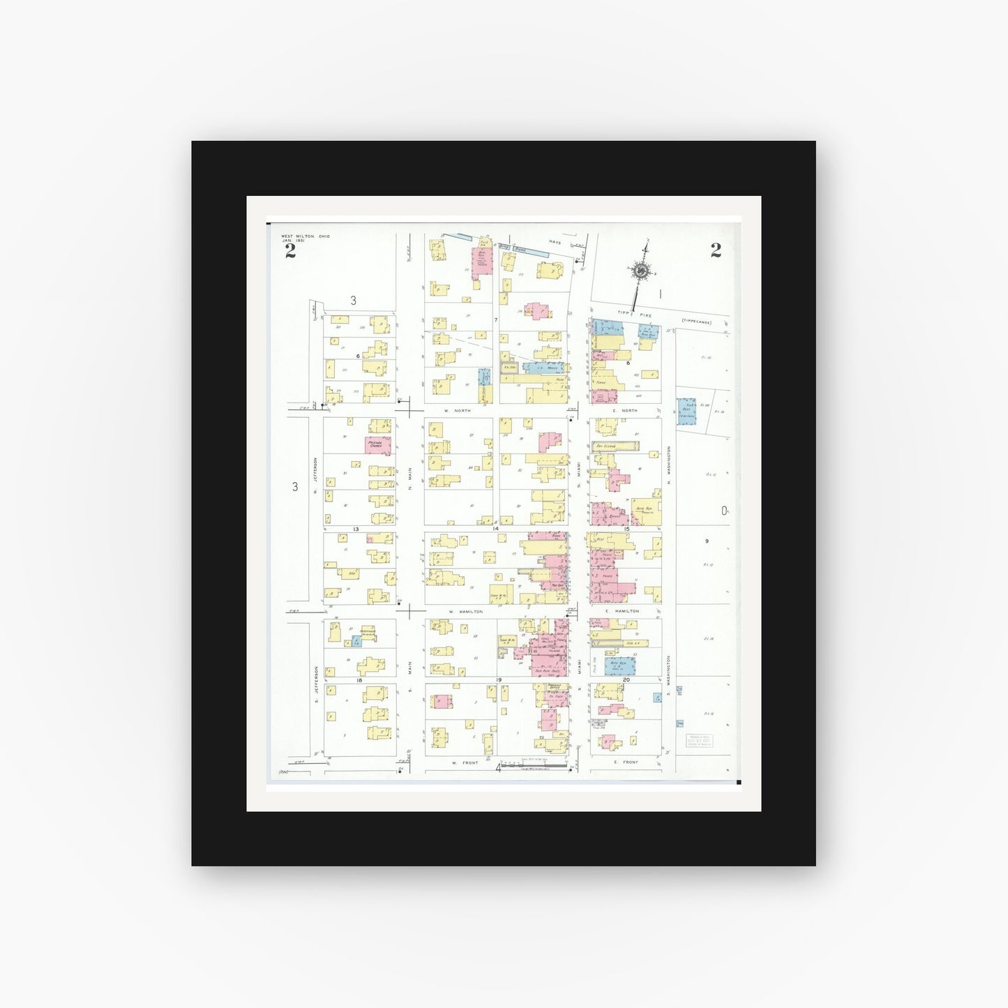 Old map wall art mockup — black gallery frame with white mat — Sanborn Fire Insurance Map from West Milton, Miami County, Ohio (1951), Sheet #0002