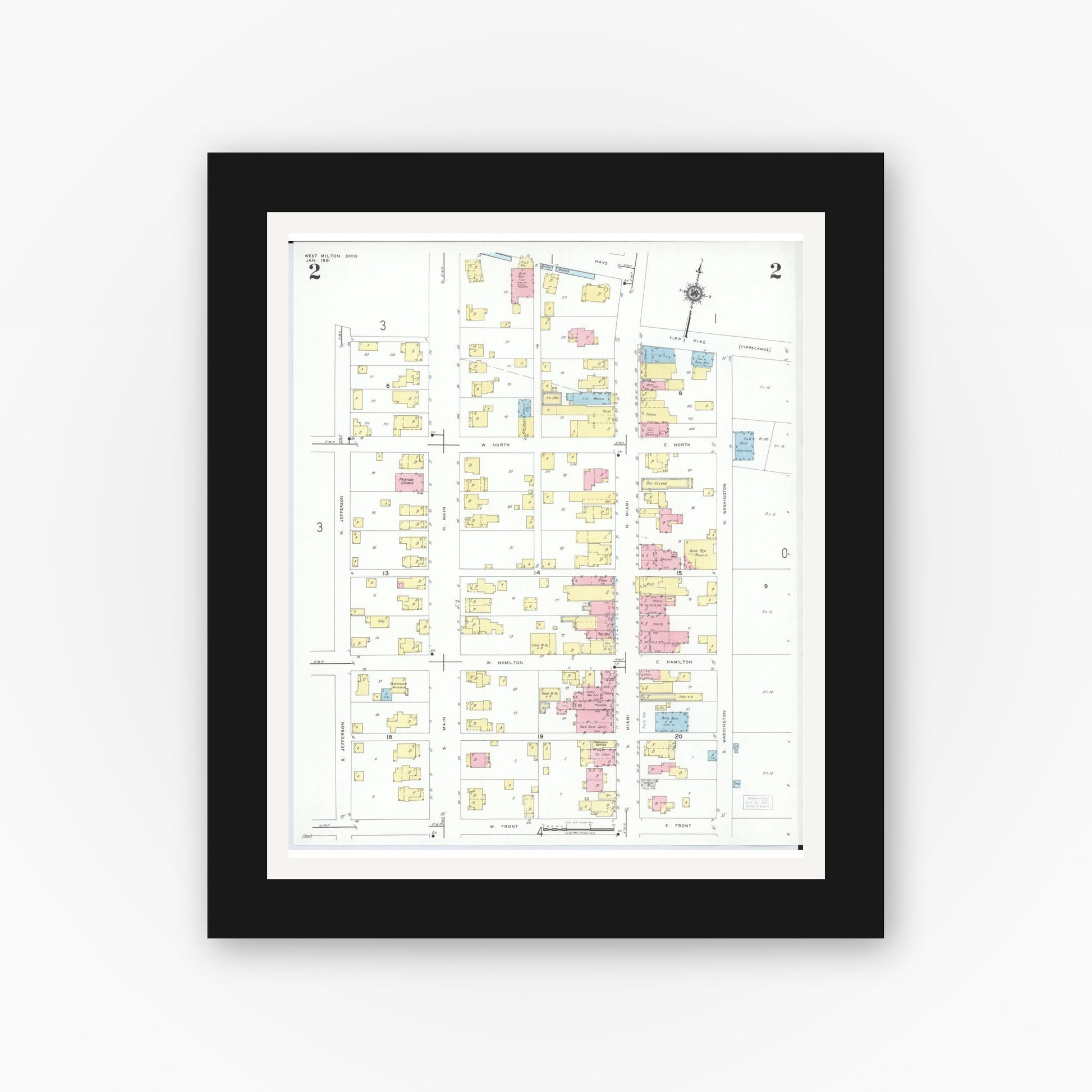 Old map wall art mockup — black gallery frame with white mat — Sanborn Fire Insurance Map from West Milton, Miami County, Ohio (1951), Sheet #0002