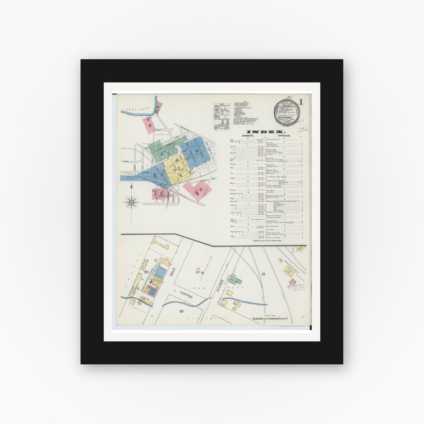 Old map wall art mockup — black gallery frame with white mat — Sanborn Fire Insurance Map from Negaunee, Marquette County, Michigan (1892), Sheet #0001