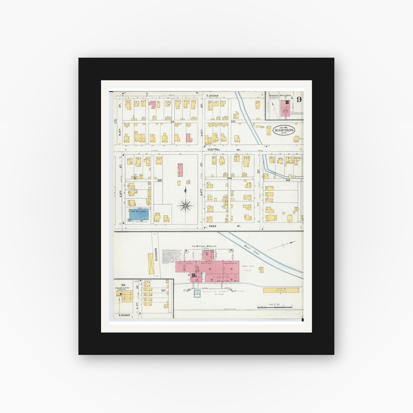 Old map wall art mockup — black gallery frame with white mat — Sanborn Fire Insurance Map from Miamisburg, Montgomery County, Ohio (1905), Sheet #0009