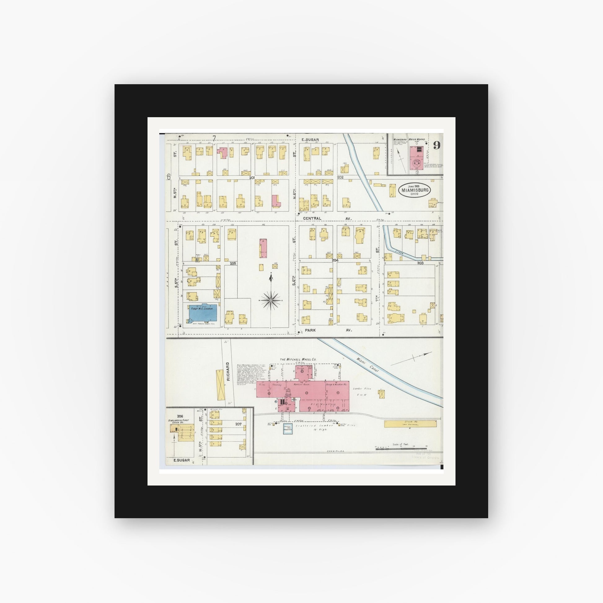 Old map wall art mockup — black gallery frame with white mat — Sanborn Fire Insurance Map from Miamisburg, Montgomery County, Ohio (1905), Sheet #0009