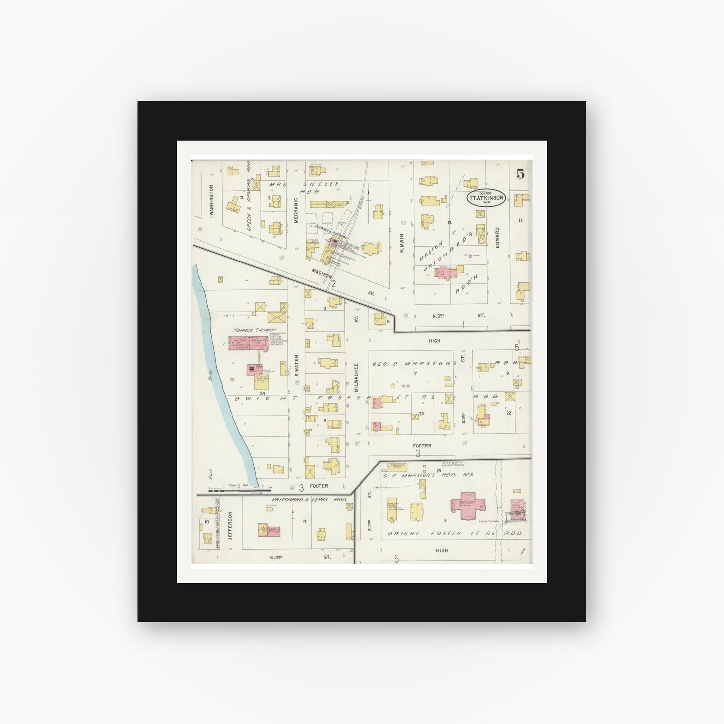 Old map wall art mockup — black gallery frame with white mat — Sanborn Fire Insurance Map from Fort Atkinson, Jefferson County, Wisconsin (1898), Sheet #0005