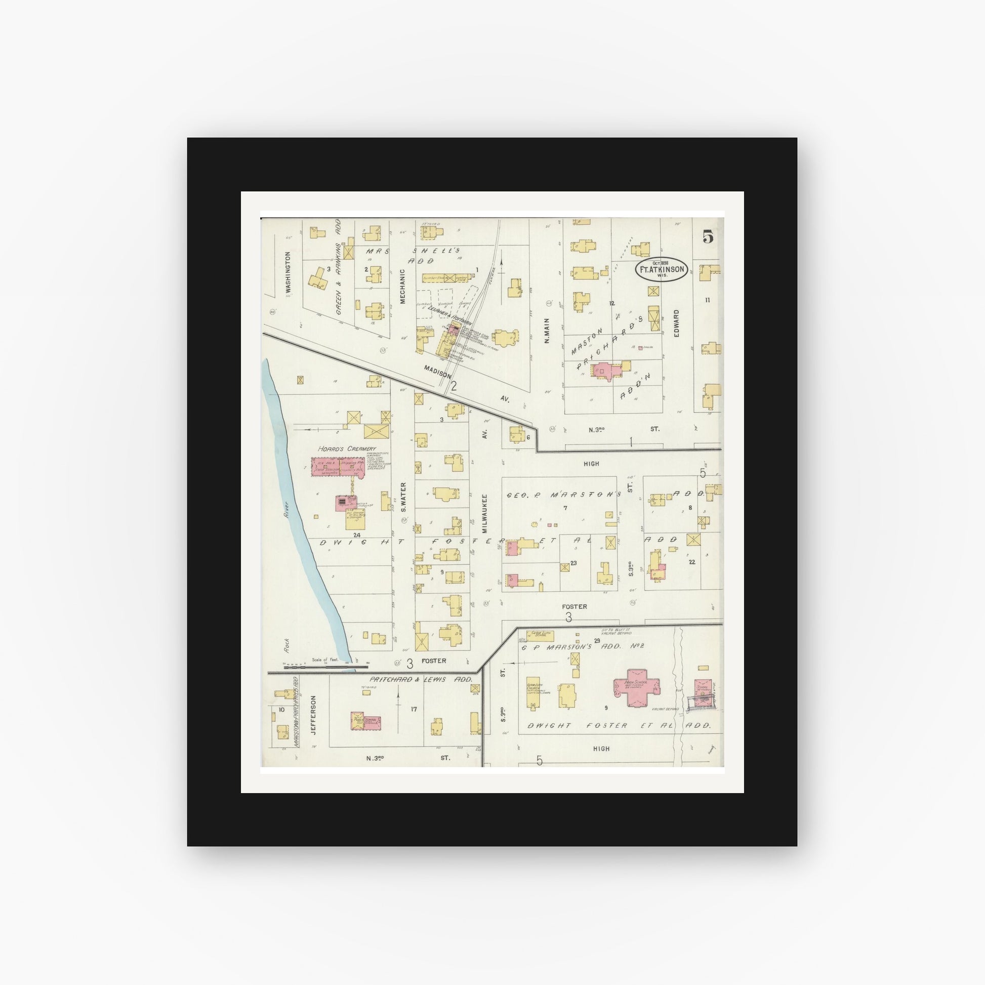 Old map wall art mockup — black gallery frame with white mat — Sanborn Fire Insurance Map from Fort Atkinson, Jefferson County, Wisconsin (1898), Sheet #0005