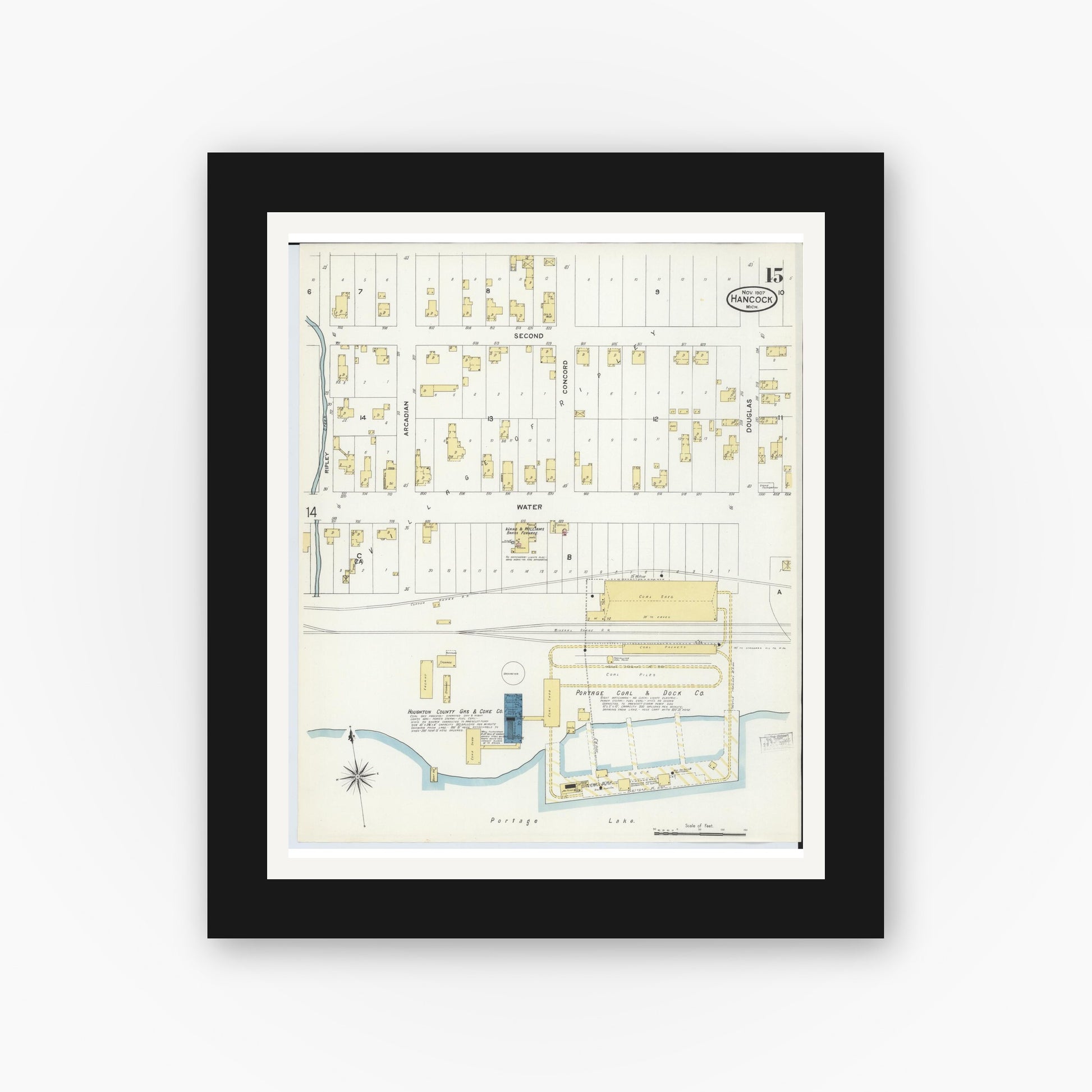 Old map wall art mockup — black gallery frame with white mat — Sanborn Fire Insurance Map from Hancock, Houghton County, Michigan (1907), Sheet #0015
