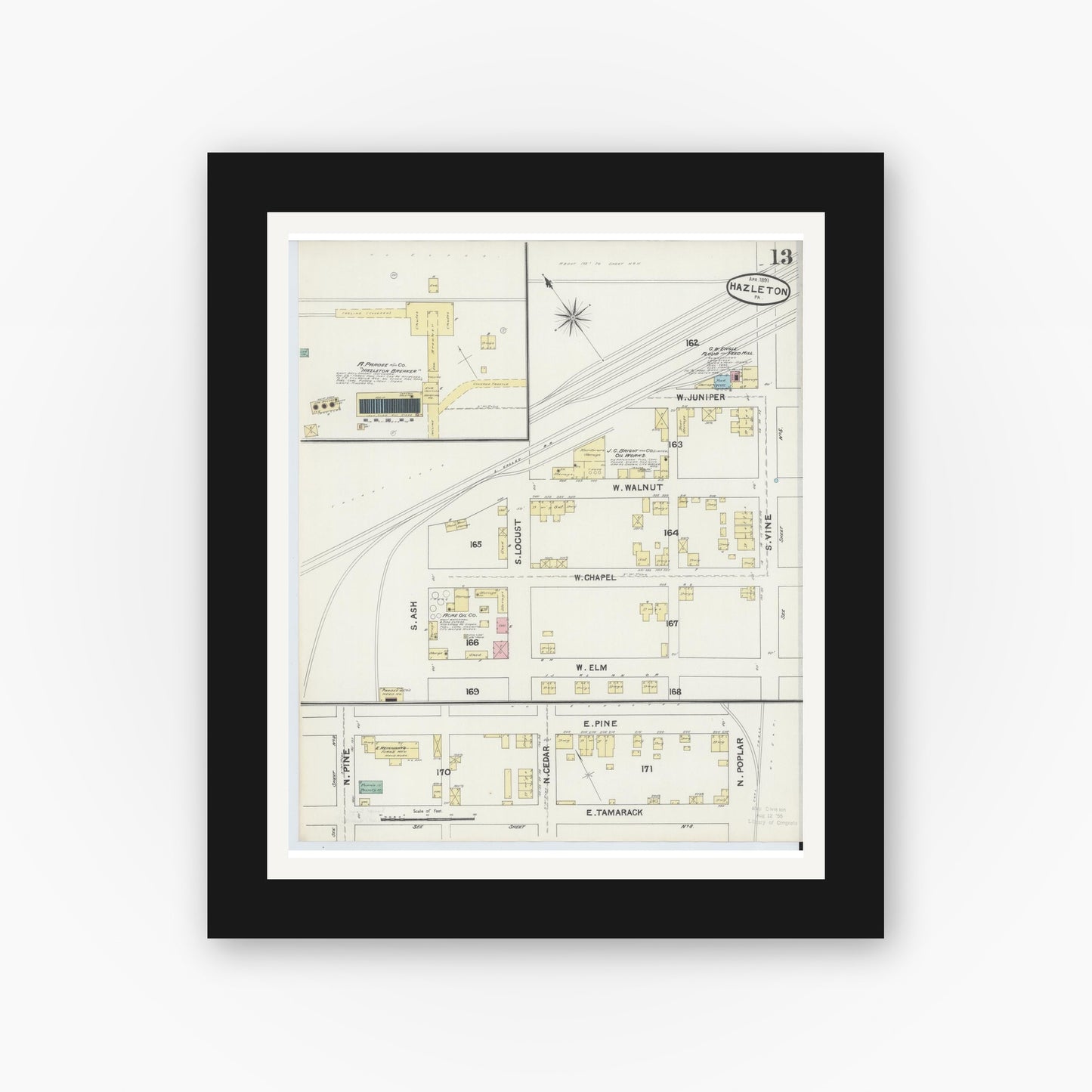 Old map wall art mockup — black gallery frame with white mat — Sanborn Fire Insurance Map from Hazleton, Luzerne County, Pennsylvania (1891), Sheet #0013