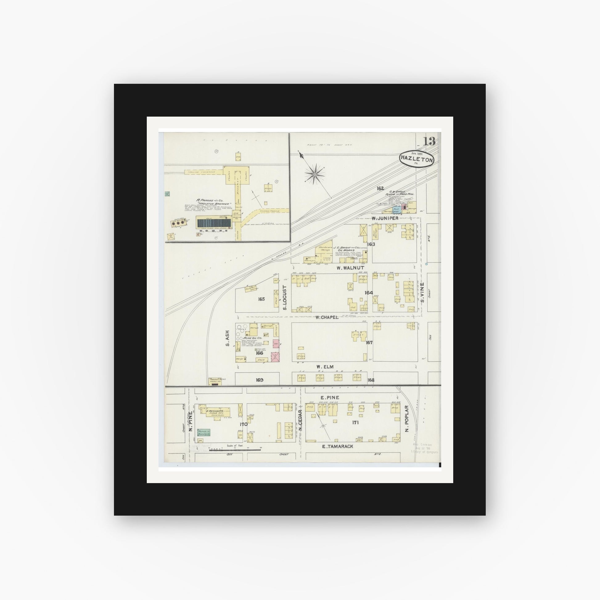 Old map wall art mockup — black gallery frame with white mat — Sanborn Fire Insurance Map from Hazleton, Luzerne County, Pennsylvania (1891), Sheet #0013
