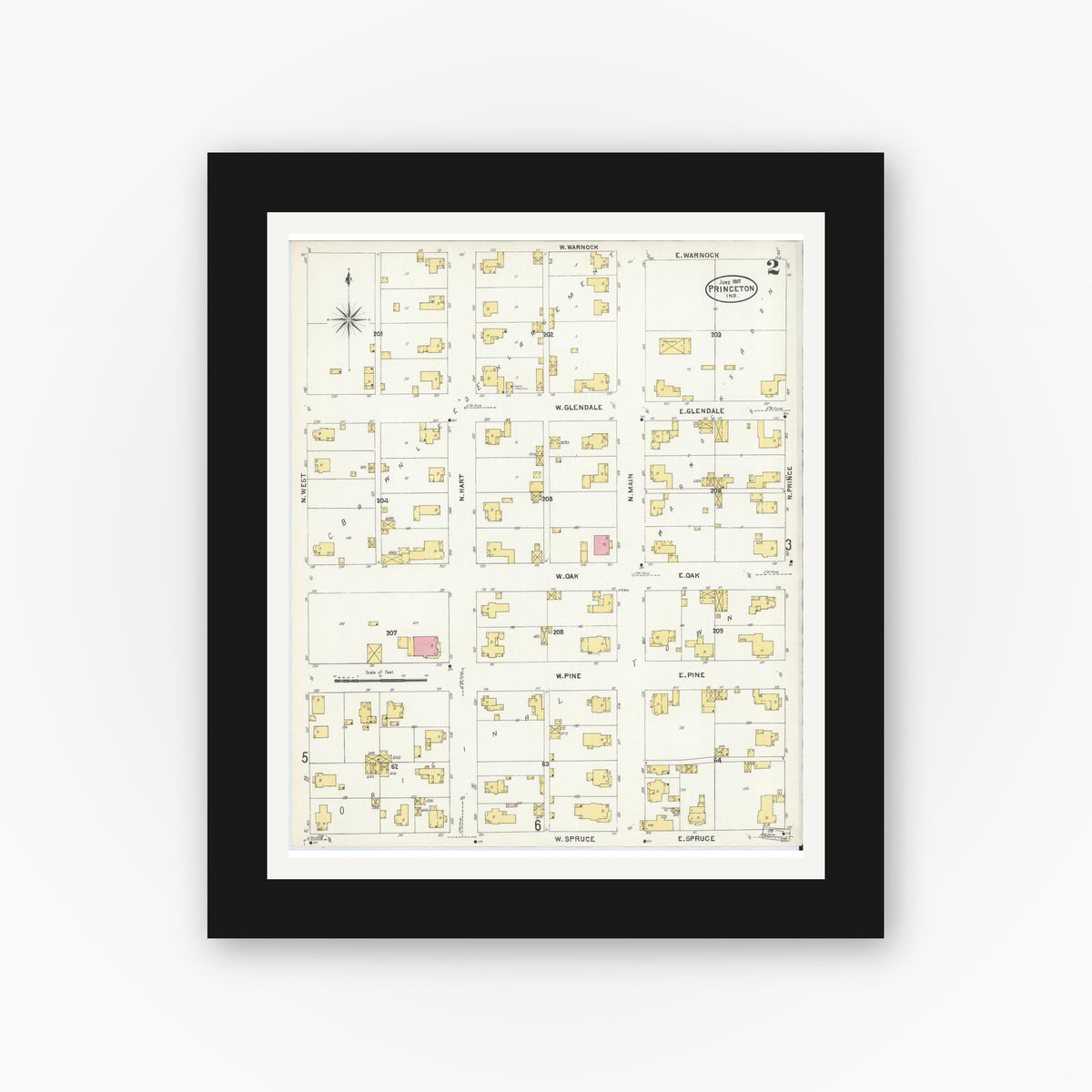 Old map wall art mockup — black gallery frame with white mat — Sanborn Fire Insurance Map from Princeton, Gibson County, Indiana (1907), Sheet #0002