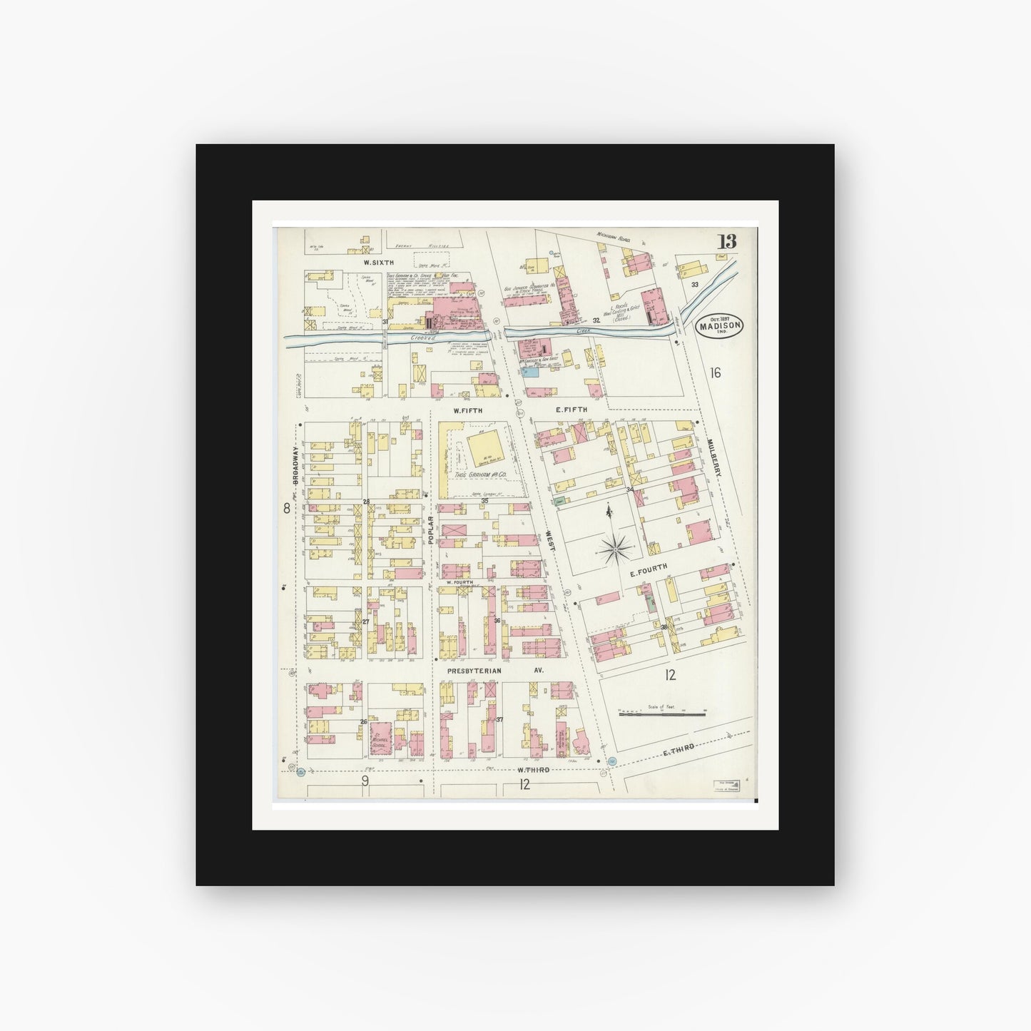 Old map wall art mockup — black gallery frame with white mat — Sanborn Fire Insurance Map from Madison, Jefferson County, Indiana (1897), Sheet #0013