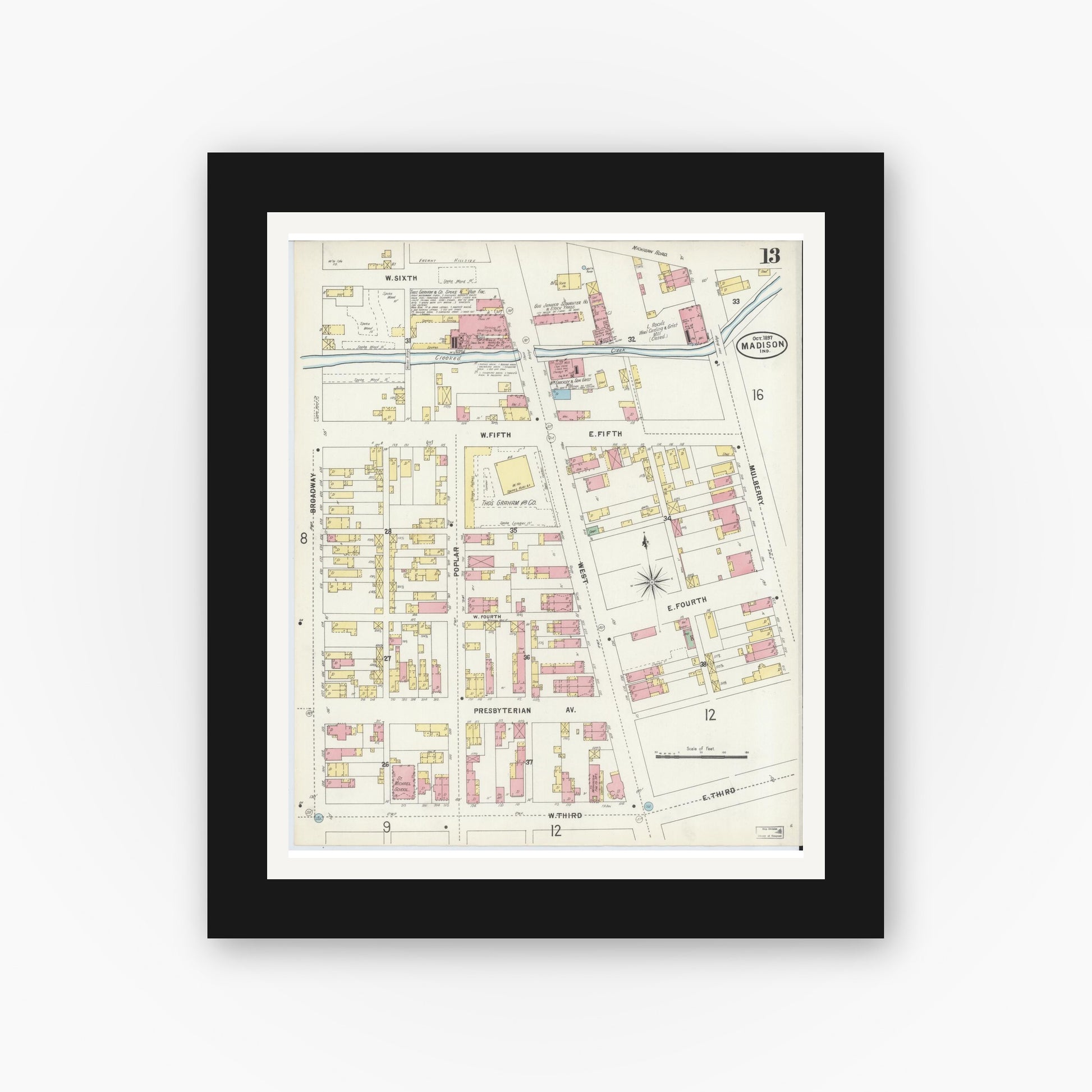 Old map wall art mockup — black gallery frame with white mat — Sanborn Fire Insurance Map from Madison, Jefferson County, Indiana (1897), Sheet #0013