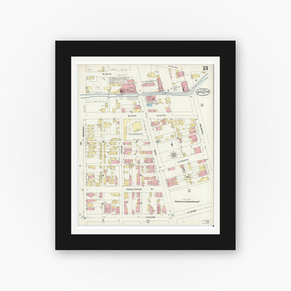 Old map wall art mockup — black gallery frame with white mat — Sanborn Fire Insurance Map from Madison, Jefferson County, Indiana (1897), Sheet #0013