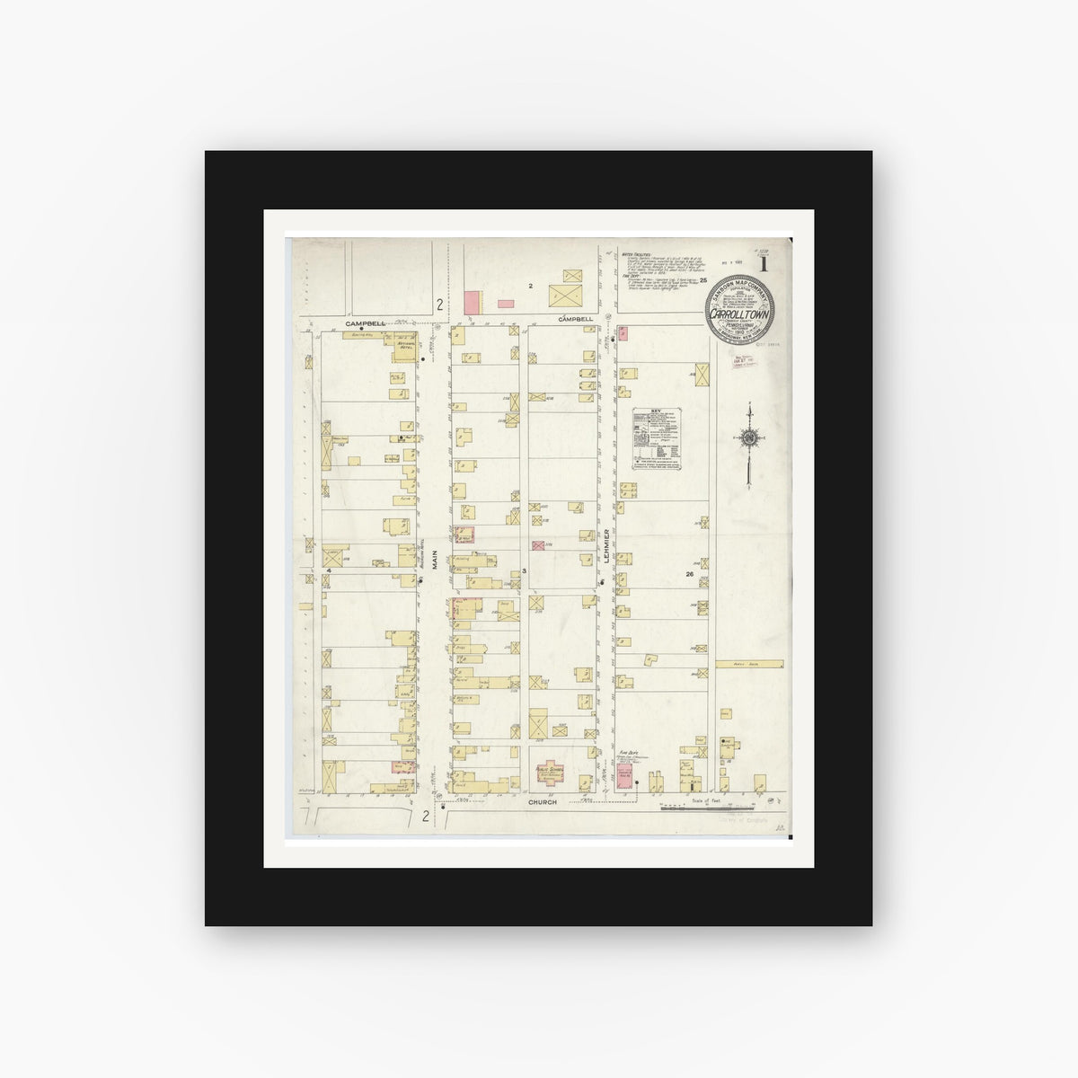 Old map wall art mockup — black gallery frame with white mat — Sanborn Fire Insurance Map from Carrolltown, Cambria County, Pennsylvania (1910) - Complete Map Set