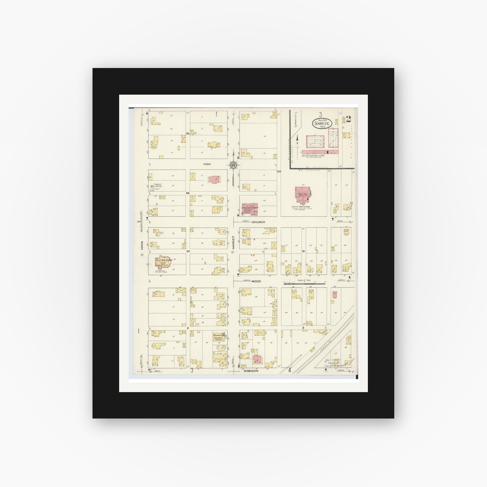 Old map wall art mockup — black gallery frame with white mat — Sanborn Fire Insurance Map from Shreve, Wayne County, Ohio (1913), Sheet #0002
