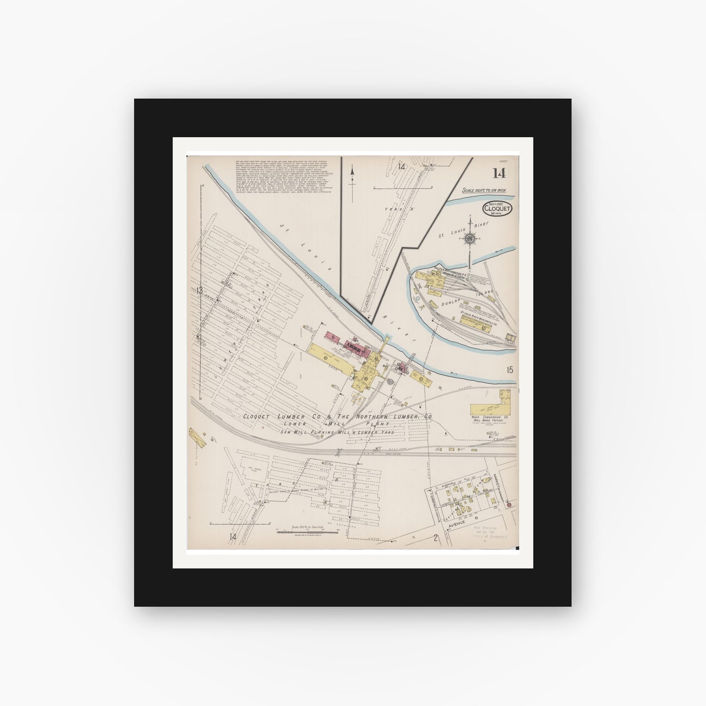 Old map wall art mockup — black gallery frame with white mat — Sanborn Fire Insurance Map from Cloquet, Carlton County, Minnesota (1922), Sheet #0014
