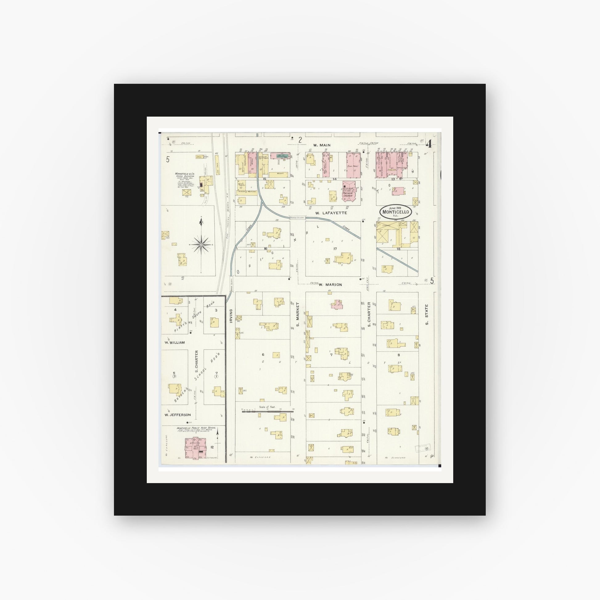 Old map wall art mockup — black gallery frame with white mat — Sanborn Fire Insurance Map from Monticello, Piatt County, Illinois (1909), Sheet #0004