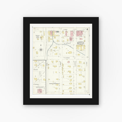 Old map wall art mockup — black gallery frame with white mat — Sanborn Fire Insurance Map from Monticello, Piatt County, Illinois (1909), Sheet #0004