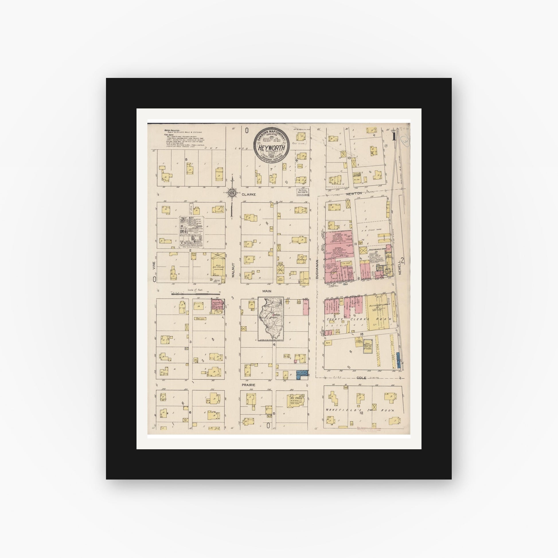 Old map wall art mockup — black gallery frame with white mat — Sanborn Fire Insurance Map from Heyworth, McLean County, Illinois (1922), Sheet #0001
