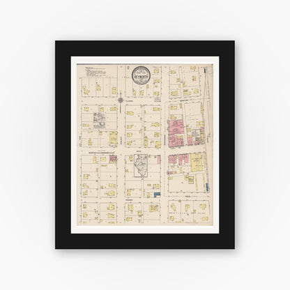 Old map wall art mockup — black gallery frame with white mat — Sanborn Fire Insurance Map from Heyworth, McLean County, Illinois (1922), Sheet #0001