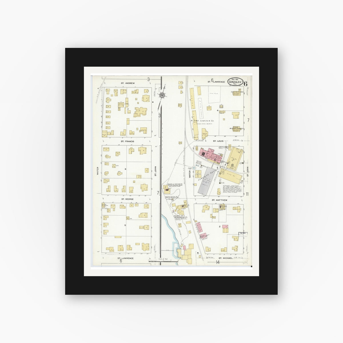Old map wall art mockup — black gallery frame with white mat — Sanborn Fire Insurance Map from Gonzales, Gonzales County, Texas (1912), Sheet #0006