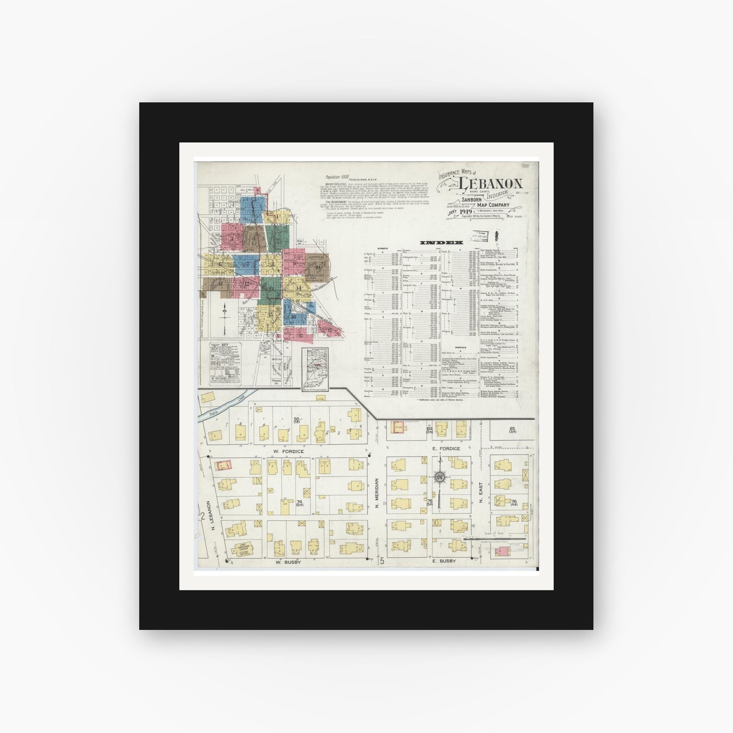 Old map wall art mockup — black gallery frame with white mat — Sanborn Fire Insurance Map from Lebanon, Boone County, Indiana (1919) - Complete Map Set